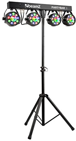BeamZ Partybar3 Sistema de Luces DJ Controlado por Música o autónomo, DMX, 4 PARs RGB con Magic Balls - Accesorio de discoteca (Proyector láser para discoteca LED, RGB, 8 canales). Soporte Luces Disco