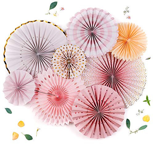 PapaKit 8-Piece Origami Paper Fan Set – Sparkling Pink Rose Blush & Gold Metallic Accents – Reusable Hanging Pinwheel Wall Backdrop for Girls Birthday, Baby Shower, Wedding, Bridal Shower & Boho Party Decorations