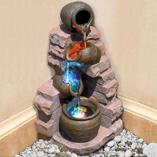 Zimmerbrunnen Gartenbrunnen Brunnen Zierbrunnen Brunnen Springbrunnen Vogelbad TONZIEGEL mit RGB Licht 230V Wasserfall Wasserspiel für Garten, Gartenteich