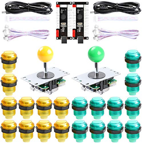 Hikig DIY Arcade Kit für 2 Spieler, Zero Delay USB Encoder für 8 Wege Joystick und LED Arcade Taster für Raspberry Pi, PC und Mame Videospiele (Farbe: Grün & Gelb)