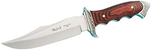 Muela Cuchillo Venecia 21733 hoja de acero de ACX-380 de 16 cm y empuñadura de madera de coral para Caza, Pesca, Supervivencia y Bushcraft Realizado en Ciudad Real + Portabotellas de regalo