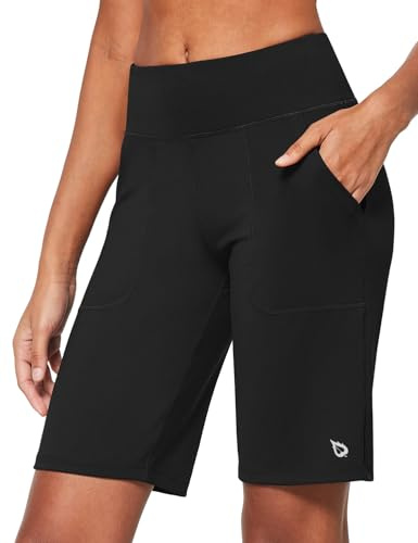 baleaf Women's 10 Bermuda Long Shorts Running Athletic Shorts High Waisted Casual Summer Knee Length Black Size L