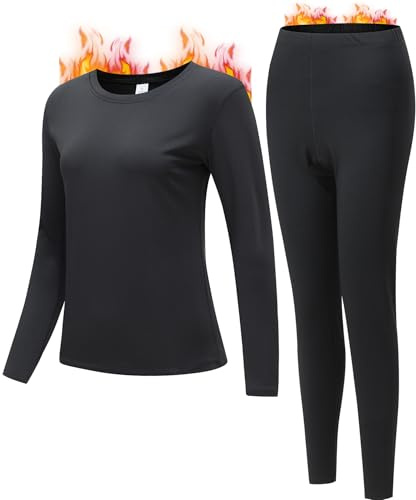 JZCreater Women Thermal Underwear Set, Long Johns Base Layer Top & Bottom, Women Soft Pajama Set for Cold Weather(Large, Black)