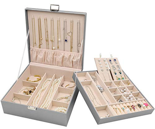 ProCase Scatole Portagioie Donna, Cofanetto Portagioielli da Esposizione a Due Strati di Gioielli con Divisorio Rimovibile per Collana Orecchini Bracciali Anelli Orologi, Regalo –Grigio