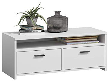 MATKAM Fernsehkommode Mili H 44 x B 100 x T 45 cm, laminierte Möbelplatte 18 mm, EIN offenes Regalfach, darunter 2 Ablagen mit Türen Links und rechts, Metallscharniere, satinierte Griffe (Weiß)