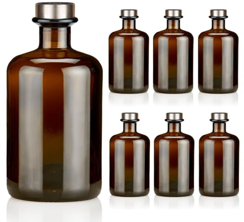 Geniess-Bar! 6x Apothekerflaschen 500ml braun elegante Braunglas Flaschen schwarz antik 0,5L leer PE Korken Titansilber matt Glasflaschen für Öl, Gin, Kräuter Schnaps od. als Geschenk