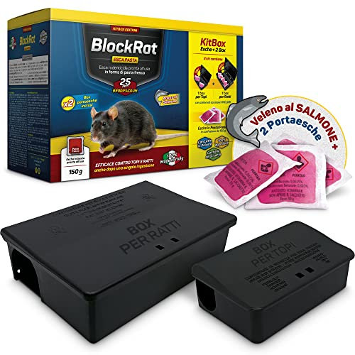 Kit Veleno per Topi e Ratti + 2 Trappole Porta Esche Topicida Professionale, Buste di Pasta Fresca BlockRat 150 g Novità Aroma al Salmone, Scatole Box Contenitori di Esca per Roditori Grandi e Piccoli