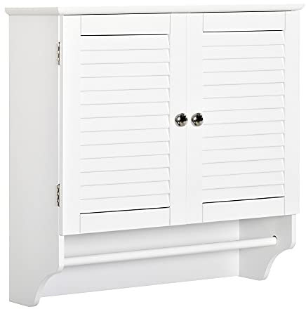 kleankin Armario Baño de Pared con 2 Puertas de Persiana Estante Interior y Barra de Toallero Mueble Auxiliar Suspendido Moderno Multiusos para Cocina 60x23x60 cm Blanco