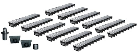 MEA Pack de 12 Caniveaux Extérieurs MEAPARK – Grille en Acier Galvanisé – Drainage Terrasse, Piscine, Jardin – Classe A15 Piéton – Largeur utile 10 cm