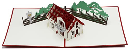 Hus, husbygge, flyttning, inflyttning, personal, riktfast, 3D-vikbart kort, popup-kort, gratulationskort, presentkort