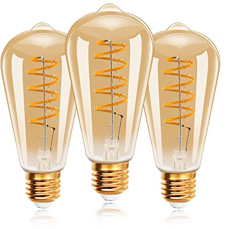 EXTRASTAR ST64 Vintage LED Light Bulbs 4W E27 Spiral Edison Screw, 33W Equivalent, 360LM, Warm White 2200K Energy Saving Amber Retro Style Filament Decorative Bulb, Non-Dimmable, Pack of 3