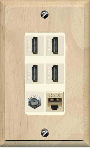 RiteAV Cavo coassiale HDMI a 4 porte - Piastra da parete Ethernet tipo F 1 Cat6 - 1 banda [legno/mandorla chiara]