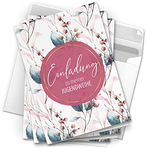 10 Jugendweihe Einladungskarten Mädchen - Motiv Rosa-Roter Ring - moderne Einladungen Klappkarten mit Umschlägen
