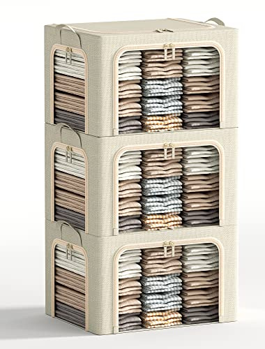 3 Opeings Large Clothes Storage Bins with Metal Frame, Foldable Storage Bin for Clothes, Clothing Storage Bins with Lid, Linen Storage Box With Clear Window＆ Zippers＆ Durable Handles.(3 Pcs,Beige,66L)