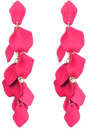 EVER FAITH Long Petal Earrings for Women Girls, Acrylic Hot Pink Rose Floral Flower Statement Dangle Earring Summer Holiday Jewellery