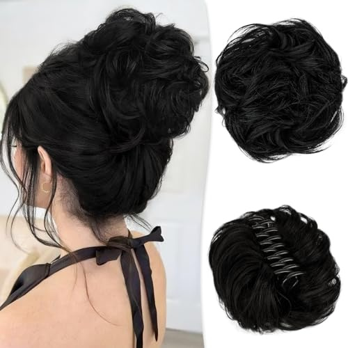RUWISS Echthaar Dutt mit Klammer, Messy Bun Haarteil Echthaar Dutt für Dünnes Haar Locken Gewellt Haardutt Haarteil Clip für Damen (Aus Schwarz)