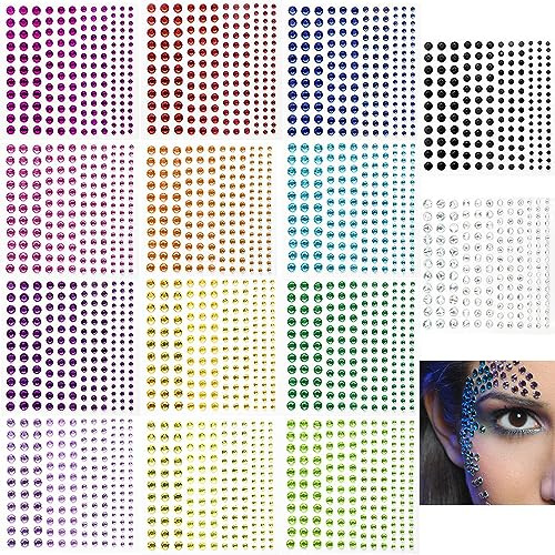 Voarge Lot de 2 300 pierres à paillettes autocollantes - Strass - Pour le maquillage du visage, les décorations et les accessoires de vacances - 14 feuilles