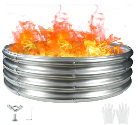 TBMLC 117 cm silver rund galvaniserat stål eldring grop för bakgård, camping, brasa; runt stål upphöjd trädgårdssäng, metall upphöjd trädgårdslåda för trädgårdsskötsel och plantering (4 x 4 x 1 fot)