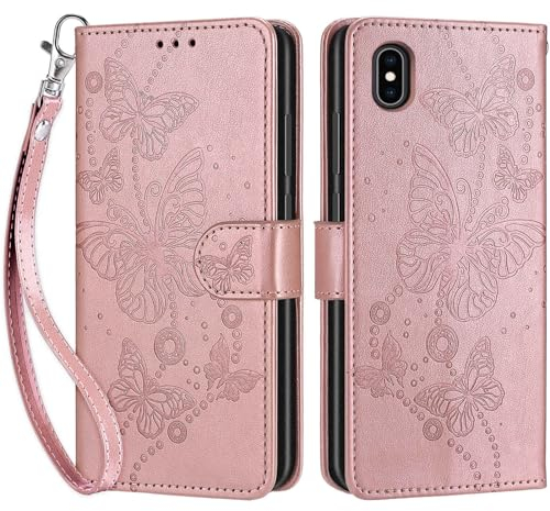 SIENIANLINE Handyhülle für iPhone X/iPhone XS Hülle, Premium PU Leder Flipcase Schutzhülle Klapphülle mit Kartenschlitz und Faltbare Brieftasche Hülle für iPhone X/iPhone XS - Roségold