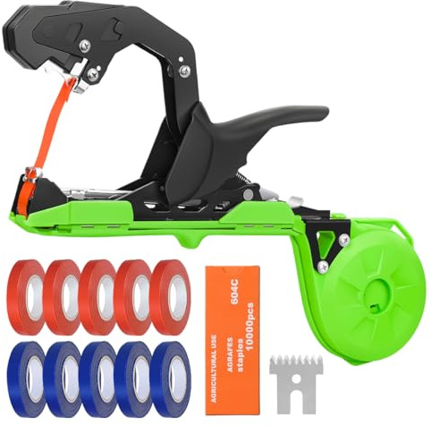 FUNTECK Easy & Fast Tying Tool for Tomatoes, Grapes, Cucumbers - Professional Plant Tying Machine Saves Labor with Spare Tapes and Staples, Green/Black