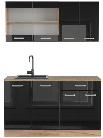 Vicco Singleküche R-Line, Schwarz Hochglanz/Goldkraft Eiche, 140 cm ohne Arbeitsplatte