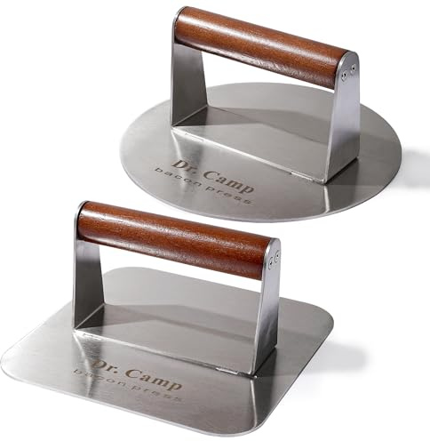 Dr.Camp 2 Pack Stainless Steel Burger Press with Real Wood Handle 7 Inch Smash Burger Press Bacon Press Grill Press Set for Griddle Flat Top Hamburger Smasher Meat Press