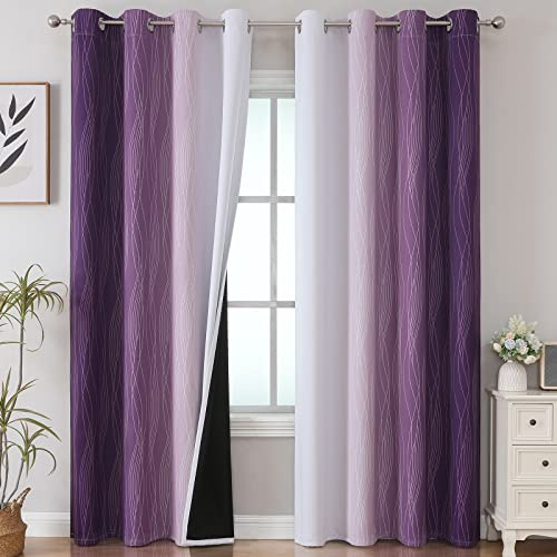 VEHEDE Farbverlauf Ombre Gardinen Wohnzimmer mit Ösen Thermovorhang Kälteschutz, Schallschutz Verdunkelung Blickdicht Vorhänge, Verdunklungsvorhänge, H 214 x B 132 cm, Violett und Weiß, 2er Set