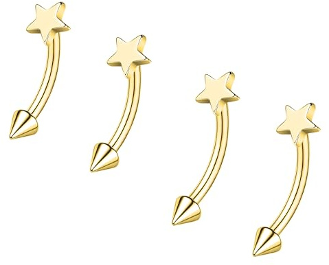 ZS 2 Pares Anillos Cejas Piercing Rook Acero Inoxidable, 16G Curvos Anillos Ombligo Piercing Ombligo, Joyería Piercing Hélice Daith Tragus Cartílago Vertical Labio (Oro,Estrella-L:8/10mm)