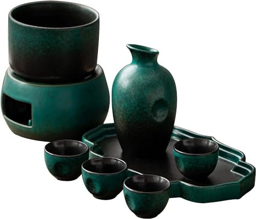 Set per sakè con scaldavivande, set tradizionale per sakè caldo in ceramica da 9 pezzi, tra cui 1 fornello per candele, 1 tazza per sakè riscaldante, 1 pentola per sakè, 4 tazze per sakè, 1 vassoio,