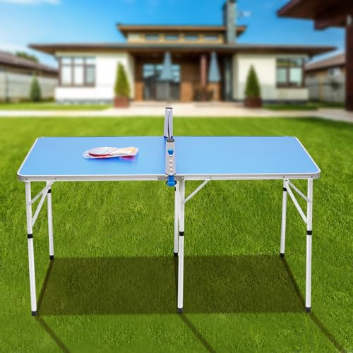 Mini bordtennisbord utomhus hopfällbar bordtennisbord inomhus bordtennisbord, bärbar ping pong bord för barn vuxna med nät, racket och boll (152 x 76 x 76 cm)
