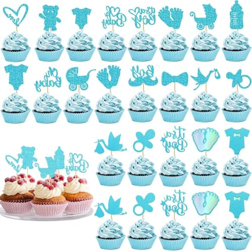 36 Stück Kinderparty Cupcake-Dekoration Glitzernde Oh Kinder Cake Topper für Jungen-Geburtstags-Party Muffin Deko, Kinderparty Deko, Deko Kinderparty Jungen, It s a Boy-Feier