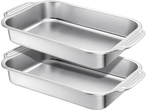 Funnymoom 2 Pcs Stainless Steel Cake Pan 9 x 13 Inch Baking Pan with Handle Rectangle Baking Bakeware for Fish Cakes Breads Casseroles Vegetables Dishwasher Safe