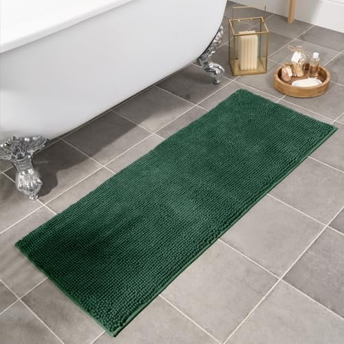 Brentfords Forest Green Bath Mat Runner, Non Slip Noodle Chenille Shower Bobble Bathroom Rug Highly Absorbent Safe Washable Floor Mats - 45 x 110cm