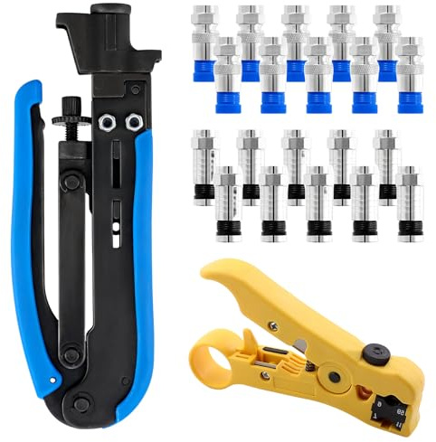 GOEDCH Juego de Alicates de Compresión: Juego de Engarzadores Pelacables, Herramienta Pelacables Coaxiales con 20 Conectores de Compresión F RG6, Juego de Alicates de Crimpado para TV Por Satélite