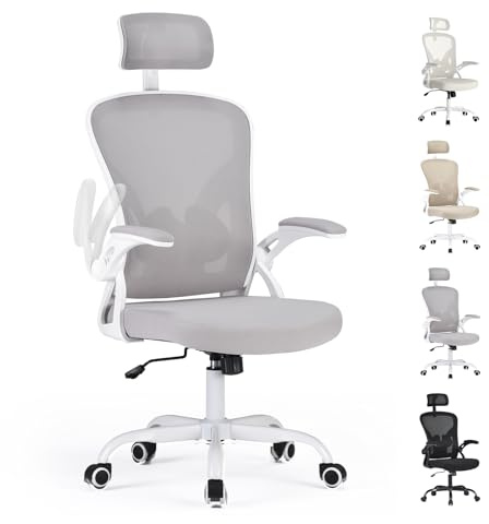 Farini Ergonomischer Stuhl mit Armlehne Büro Schreibtischstuhl mit Rollen Bequemer Home Office Stuhl, Grau Weiß