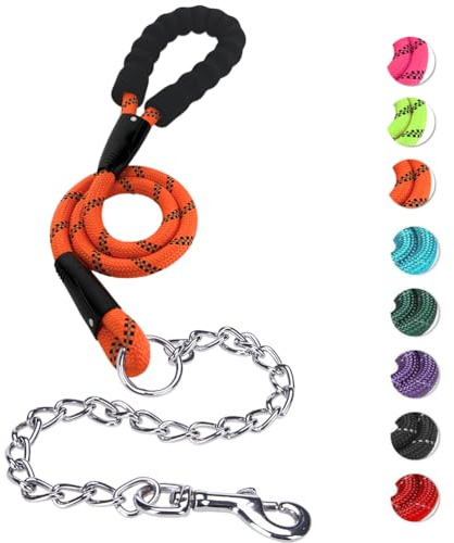 MIHACHI Laisse anti-mastication pour chien – Laisse en corde robuste avec chaîne sans morsure et poignée rembourrée douce, sans enchevêtrement, laisse solide avec fils réfléchissants, orange