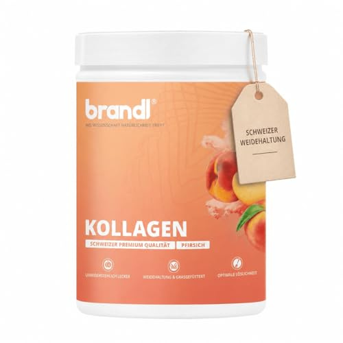 Kollagen Pulver für Knochen und Gelenke abgefüllt in Deutschland & unabhänging laborgeprüft – Collagen Typ 1 & 3 hohe Bioverfügbarkeit – Pfirsich gut verträglich, 555g Premium brandl & COLLAswiss