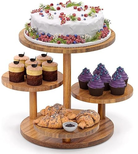 Présentoir à dessert en bois à 4 étages - Tour rotative pour gâteaux et cupcakes - Organiseur de cuisine