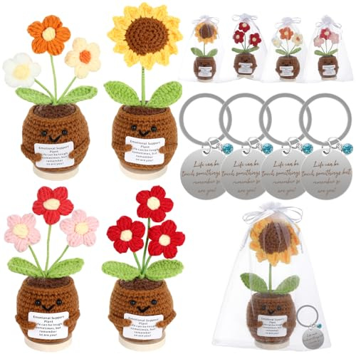 4 Set Emotional Support Crochet Flowers,Christmas Birthday Gifts for Women,Positive Crochet Flowers with Keychains, Inspirational Cards, Positive Gifts for Women Men Friends,Thanksgiving,Christmas