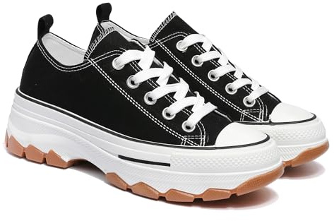 Women’s Fashion Chunky Platform Lace-Up Canvas Shoes – 5cm Height Increase, Breathable, Non-Slip Rubber Sole, White Toe Cap Trainers (Black, Adult, Women, 4, Numeric, UK Footwear Size System, Medium)
