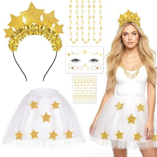 4 Stück Stern Kostüm Damen, Sternen Kostüm - Haarreif Sterne Tütü Rock Weiß Glitter Freckles Glitzersteine Sternenkette, Stern Weihnachtskostüm Damen für Weihnachten Halloween Karneval Party Cosplay