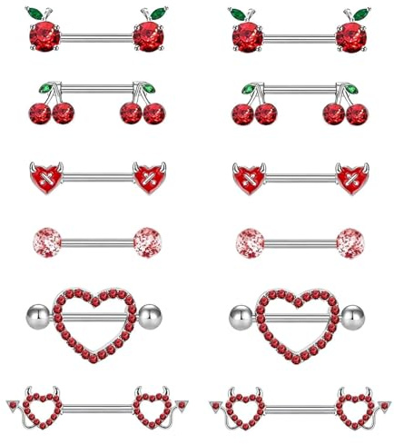 xwnyzw 6 Pairs Nipple Piercings, Stainless Steel Heart Shape Devil Cherry Apple Body Nipple Bars Surgical Steel, Personalized Accessories Very Suitable for Nipple Tongue and Ear Piercings