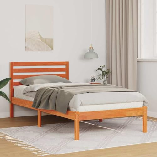 QJBSAVVA Massives Kiefernholz Bettgestell Wachsbraun 90x190 cm, Modernes Bett mit Lattenrost ohne Boxspring, Langlebiges Einzelbett für Schlafzimmer und Gästezimmer