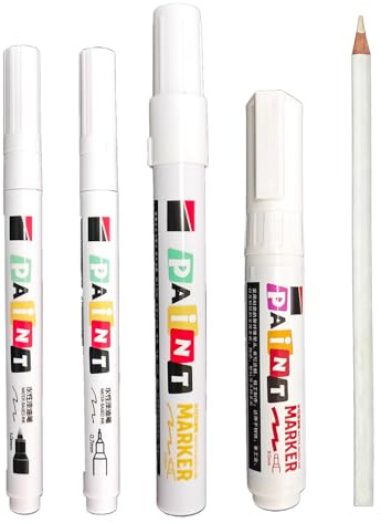 Nurila Permanent Marker Wasserfester Stift Set,4 Lackstift Weiß Wasserfest 0.7/1/3/8 MM Paint Marker Mit Weißer Kohlestift,Acrylstifte Weiß Für Karton, Glass Holz, Metall, Keramik Tassen,Lackmarker