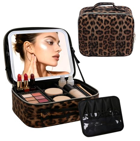 Travel Makeup Bag with LED Mirror, Makeup Case with Adjustable Compartment | Detachable 360° Rotatable Mirror with 3 Colour, Large Capacity Cosmetic Case with Water Resistant Shell (Leopard Print)