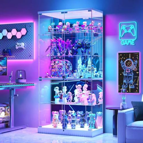5 Tier Display Cabinets with RGB Lights Human Sensor for Collectibles | Display Cabinet with Lockable,Display Case with Adjustable Shelves Bookcase with Mirror Back Panel for Living Room,White
