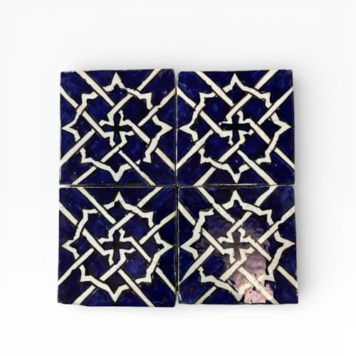 ARTIGIANATO VULCANO Carreaux marocains en céramique, bleu et blanc, 10 x 10 cm, lot de 4, peint à la main, Zellige de Fes, dessous de verre décoratif