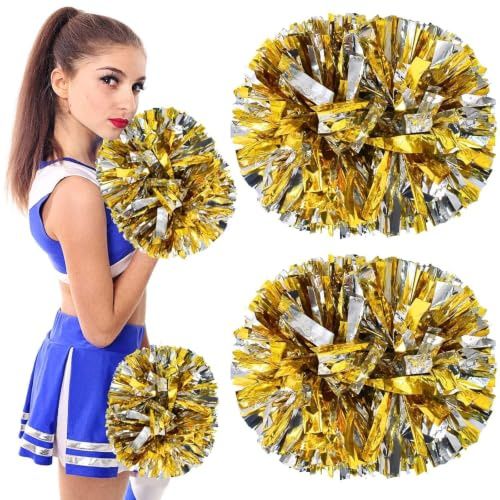 GEFIRE Pom poms cheerleading 2 stycken cheerleader pom poms sportkader guld gyllene cheerleader pompon metalliska cheerleaders pompon cheerleading pomssar dans-pomssar sportspel lagganda