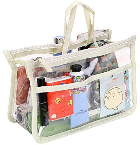 IGNPION Transparent PVC Insert Handtasche Organizer 8 Taschen Reise Make-Up Kulturbeutel Waschbeutel Kosmetiktasche Organizer Insert für Mädchen Frauen mit Reißverschluss und Griffe (Beige)