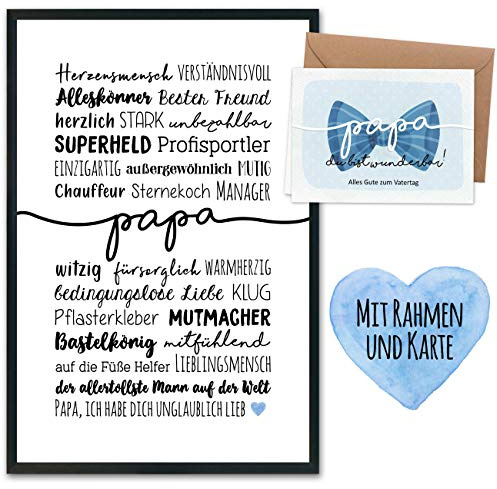 Papierdrachen Vatertagsgeschenk mit Kunstdruck, Klappkarte, Umschlag und Postkarten - Geschenk zum Vatertag - Handlettering Herzensmensch Papa Superheld Alleskönner - mit Rahmen